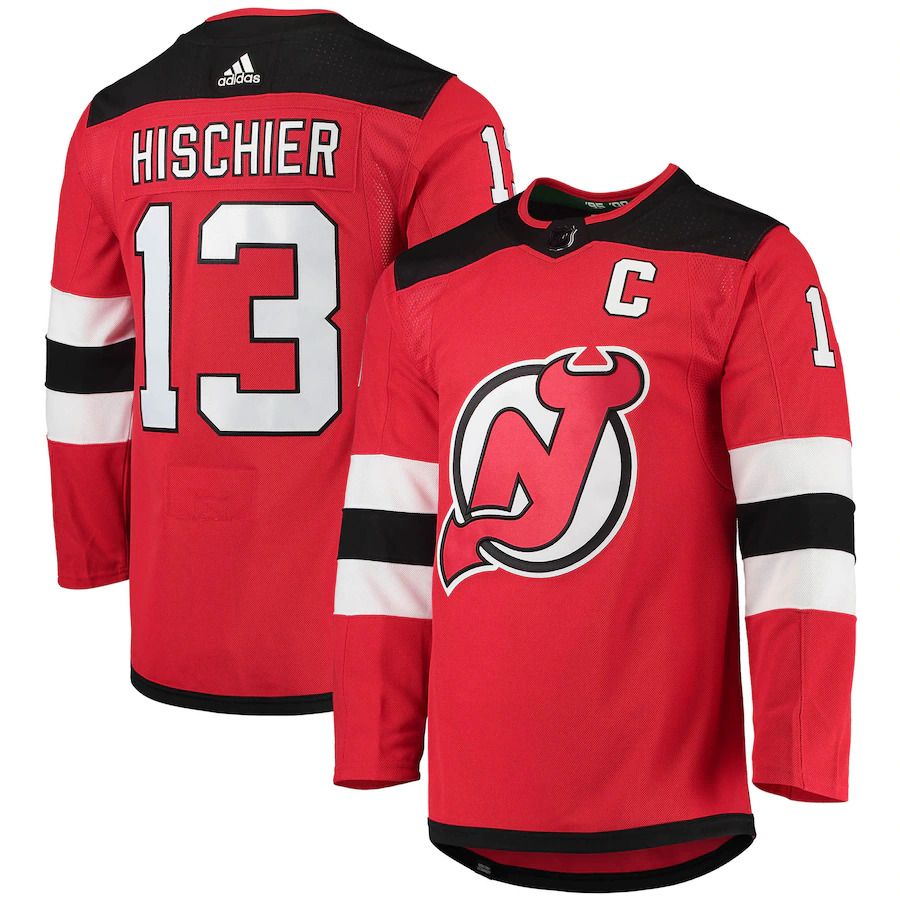 Men New Jersey Devils #13 Nico Hischier adidas Red Home Captain Patch Primegreen Authentic Pro Player NHL Jersey